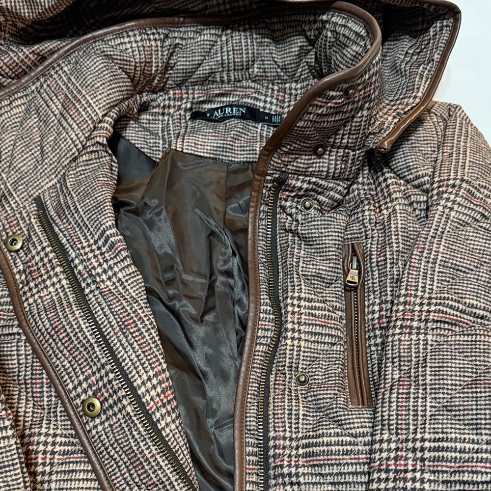 Lauren Ralph Lauren Brown Plaid Hooded Quilted Jacket M - Picture 3 of 14